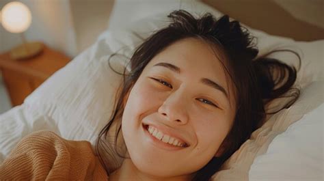 Premium Photo Closeup Of Happy Asian Girl Lying In Bed On Her Pillow