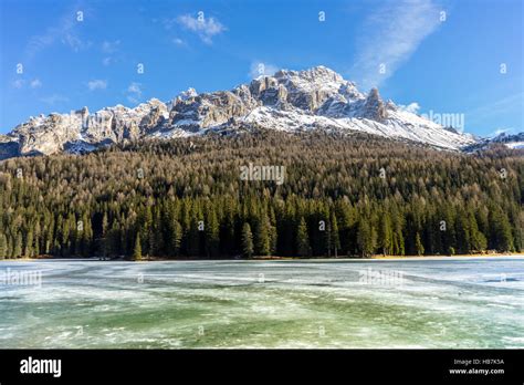 Lake Misurina Or Lago Di Misurina With Italian Dolomites And Tre Cime