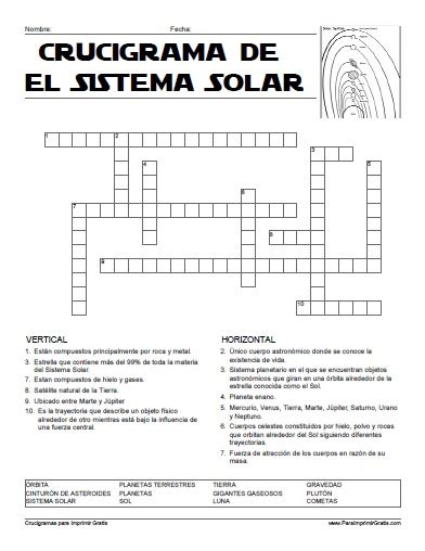 Crucigrama Del Sistema Solar Paraimprimirgratis