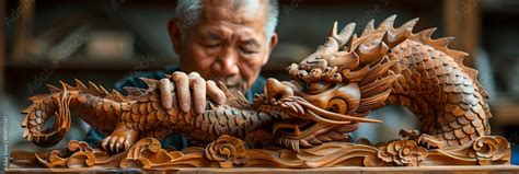 male Chinese woodworker sculpting a traditional Chinese dragon from teak wood Stock Illustration ...