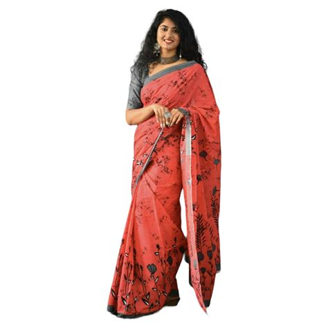 Shop Peach Orange Colour With Grey Bagru Print Saree Gi Heritage