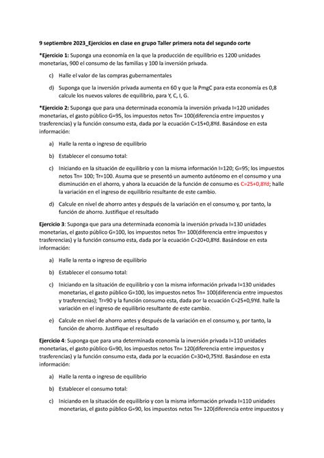 Taller equilibrio macroeconómico 9 septiembre 2023 Ejercicios en