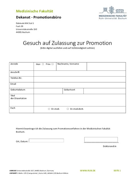 Ausf Llbar Online Gesuch Auf Zulassung Zur Promotion Fax Email Drucken