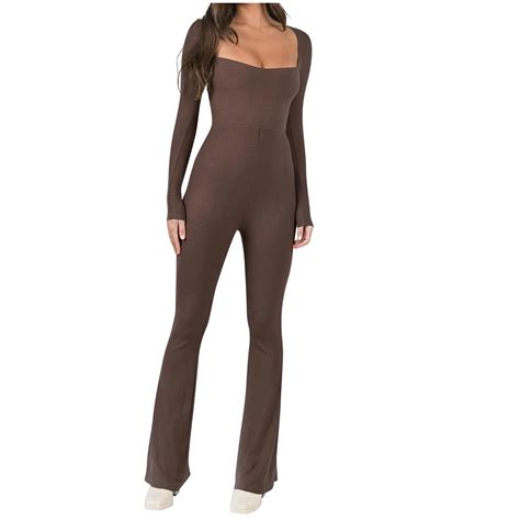 Yydgh Women Jumpsuit Square Neck Long Sleeve Ribbed Shapewear Clothing