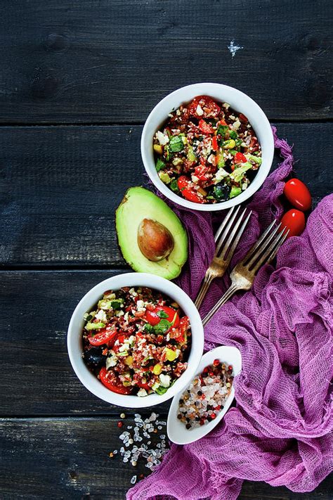 Homemade Red Rice Salad With Feta Cheese, Cherry Tomatoes, Avocado ...