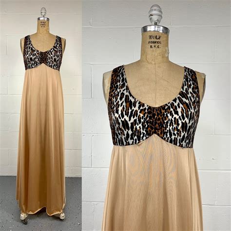 Vintage 1970 S Vanity Fair Leopard Skin Nude Two Tone Nylon Nightgown Hostess Lounger Glamour