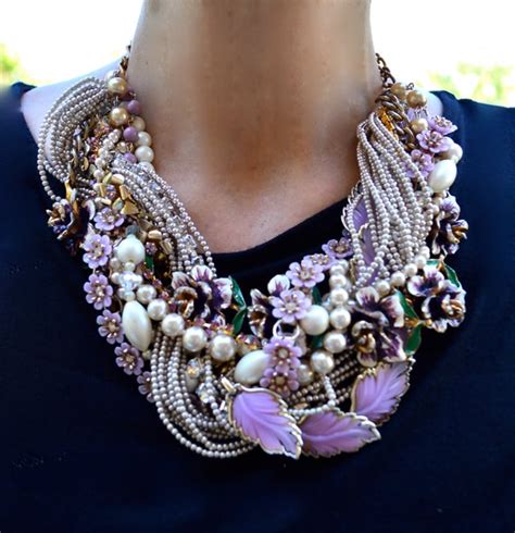 Purple Statement Necklace Vintage Flower Leaf Chunky Pearl