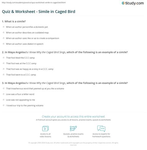 Quiz And Worksheet Simile In Caged Bird