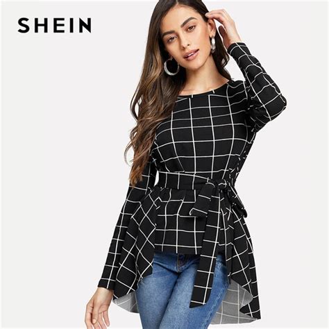 Shein Black Workwear Casual Self Belted Asymmetrical Hem Round Neck Long Sleeve Blouse Autumn