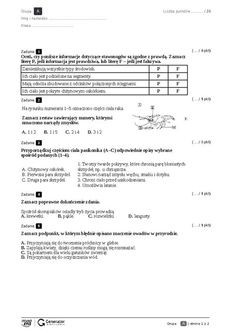 Stawonogi I Mieczaki Test Kr Tki Grupa A Strona Z Grupa A