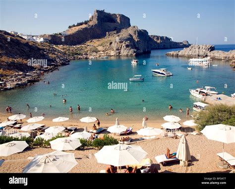 St Paul's Bay, Agios Pavlos, Lindos, Rhodes island, Greece Stock Photo ...