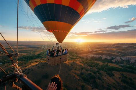 Hot Air Balloon Ride At Sunset Over Scenic Landscape Stock Illustration Illustration Of Purple