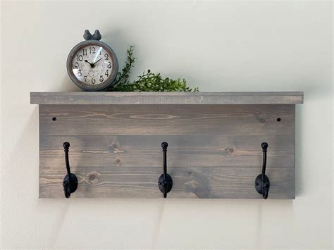 Rustic Coat Rack Wall Mounted Shelf Stained Weathered Gray Etsy