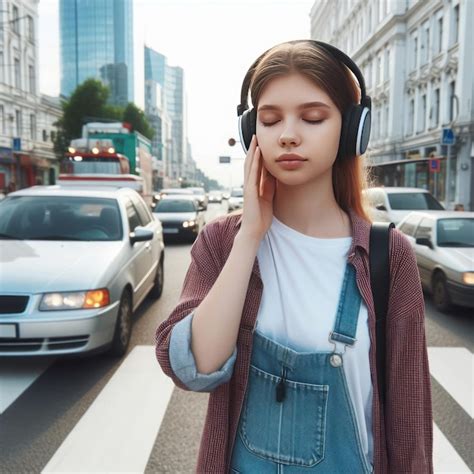 Premium Photo A Girl Wearing Headphones Walking Along The Road Cannot