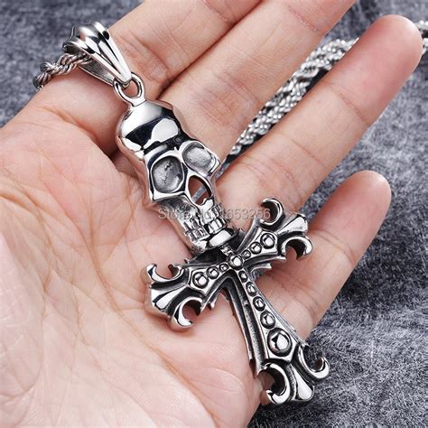 Large Biker 316L Stainless Steel Skeleton Skull Cross Pendant Men S