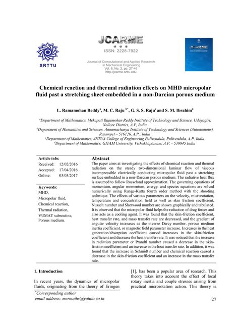 Pdf Chemical Reaction And Thermal Radiation Effects On Mhd Micropolar