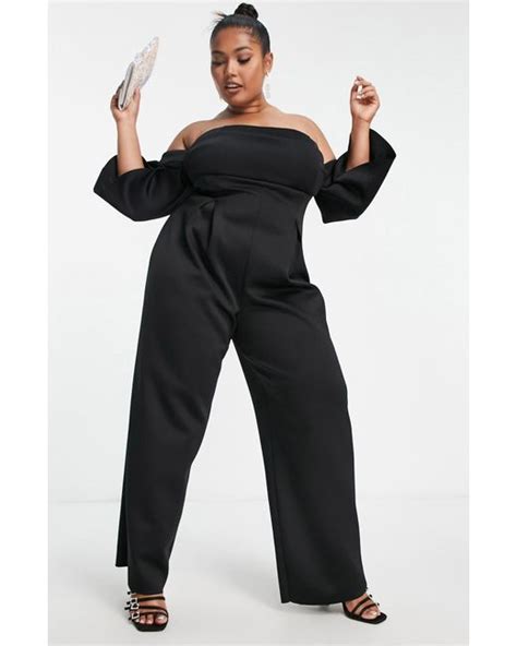 Asos Off The Shoulder Wide Leg Scuba Jumpsuit In Black Lyst