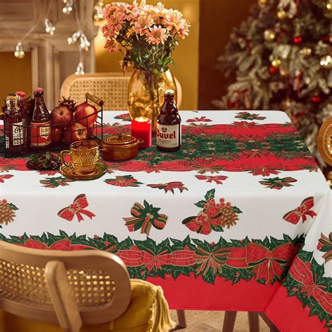 Lushvida Christmas Tablecloth Rectangle 60x120 Inch Holly Ribbon Pattern Washable Wrinkle