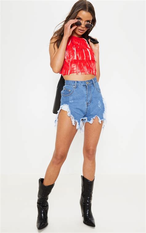 Red Faux Leather Tassel High Neck Crop Top Prettylittlething Usa