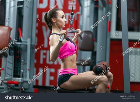 Side View Sporty Muscular Brunette Woman Stock Photo