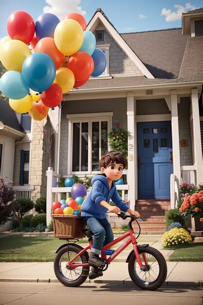 Un Ni O Andando En Bicicleta Con Globos Frente A Una Casa Foto Premium