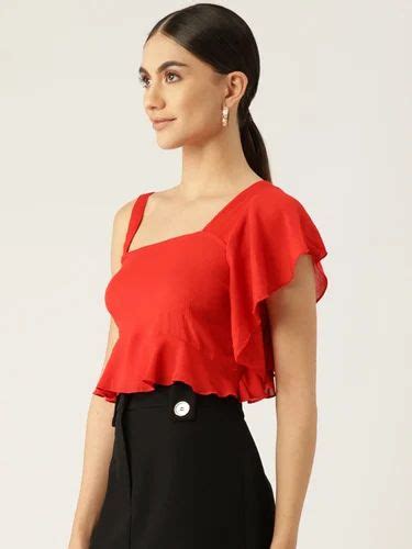 Red One Shoulder Ruffles Crepe Crop Top At Rs 599 00 Crop Top Id