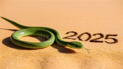 Green Wooden Snake Crawling With Tongue Hanging Out On Sand