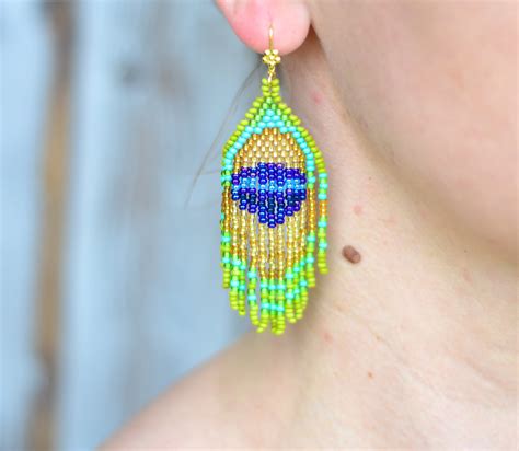 Peacock Feather Earrings Boho Fringe Earrings Beaded Green Etsy