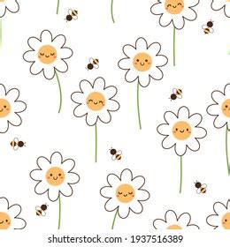 Seamless Pattern Daisy Flower Bee Cartoons Stock Vector Royalty Free