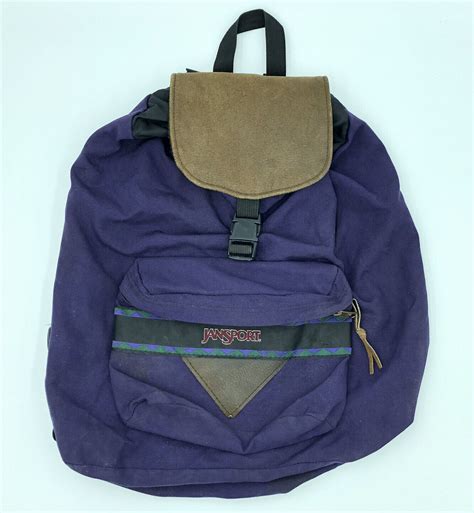 Jansport Vtg Cinch Top Leather Flap Purple Canvas Bac Gem