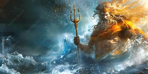 Artistic Depiction Of Greek God Poseidon With Trident In Ocean Waves