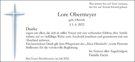 Traueranzeigen Von Lore Obermeyer Noz Trauerportal