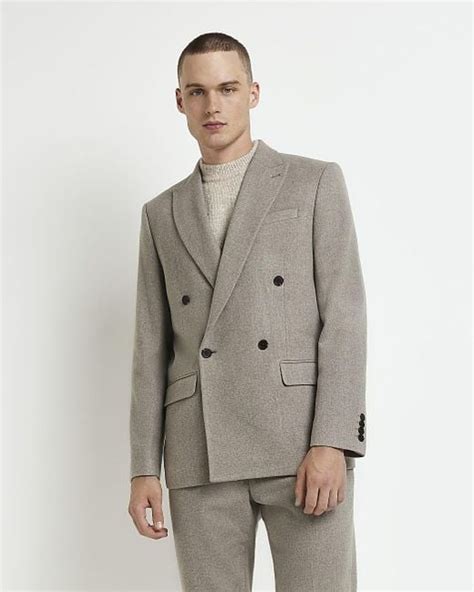 River Island Flannel Slim Fit Double Breasted Suit Jacket In Beige