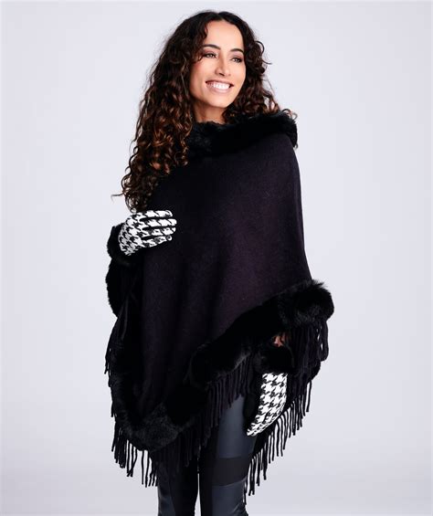 Black Faux Fur Trimmed Poncho Fringed Wraps Pia Rossini Pia