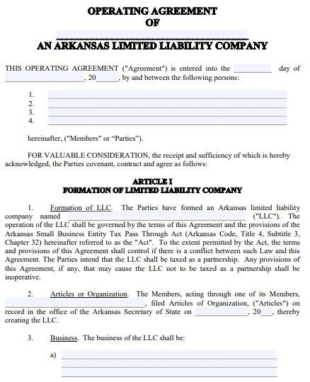 Printable Arkansas Llc Operating Agreement Templates Word Pdf