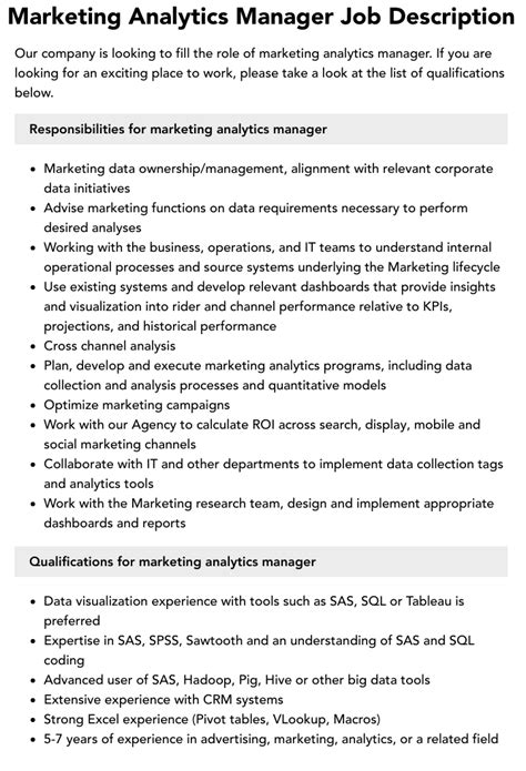 Marketing Analytics Manager Job Description Velvet Jobs