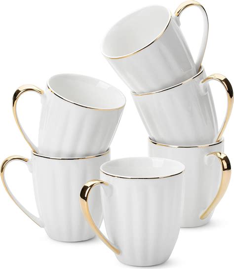 BTaT Juego de 6 tazas de café blancas de porcelana blanca con adornos