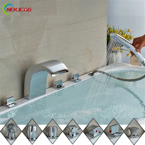 Luxury Three Crystal Handles Widespread Waterfall Bathtub Faucet 5