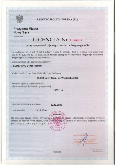 Licencja Krajowa Transport Przew Z Os B Bumerang