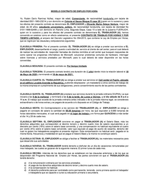 Contrato Por hora MODELO CONTRATO DE EMPLEO POR HORA Yo Rubén Darío