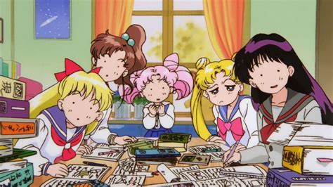 Anime Characters Sitting At A Table With Books And Papers