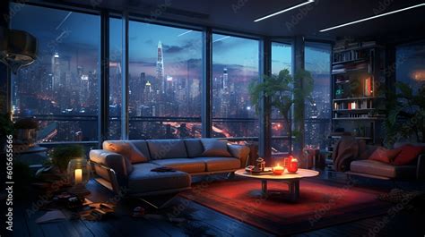 Concept art illustration of apartment living room interior in cyberpunk ...