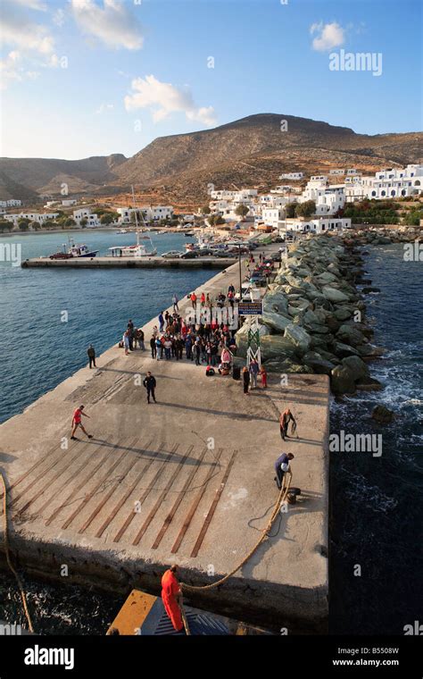 Greece Cyclades Folegandros The Ferry Boat Arriving At The Port Stock