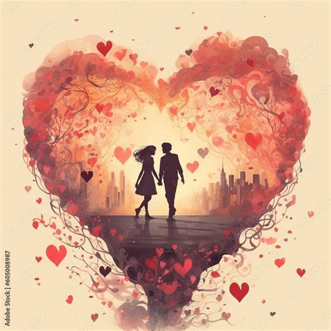 Romantic Couple In Love Inside Of The Big Red Heart Big City On The Background Valentine S Day