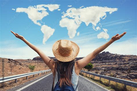 Happy Travel Woman On Vacation Concept With World Shaped Clouds Funny