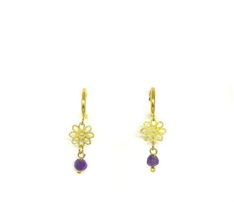 Aros Argolla Flor Colgante Cristal Morado Enchapado Oro K Cuotas