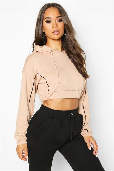 Piping Detail Cropped Hoody Womens Workout Outfits Casual Outfits