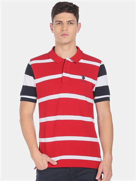 Buy U S Polo Assn Men Red And White Striped Polo Collar Pure Cotton T