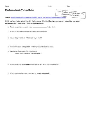 Photosynthesis Virtual Lab Answer Key Pdf Fill Online Printable