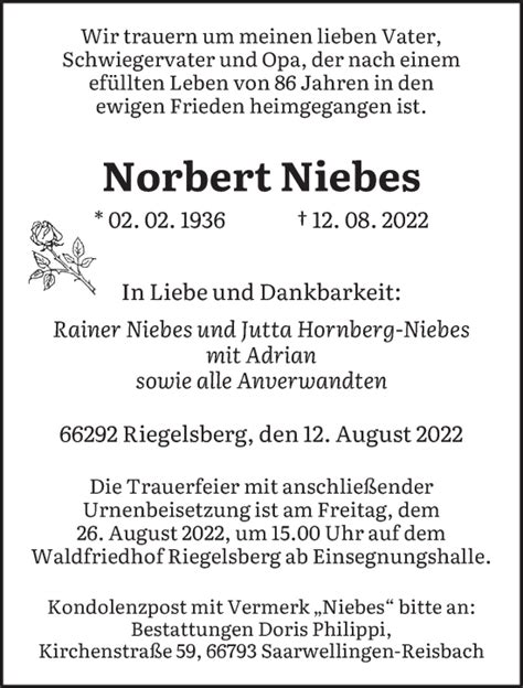 Traueranzeigen Von Norbert Niebes Saarbruecker Zeitung Trauer De